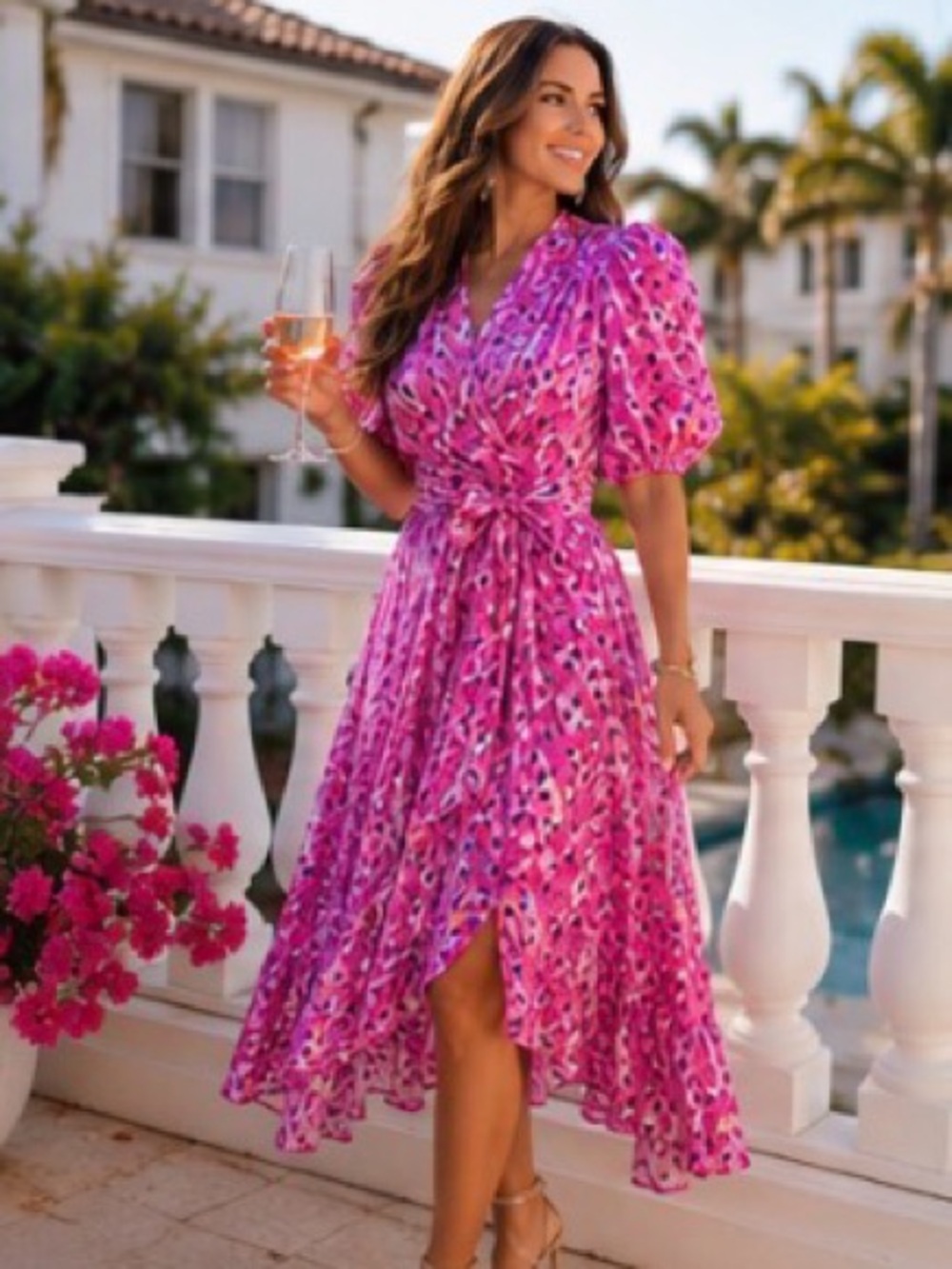Lilly Pulitzer Juney Faux Wrap Midi Dress | Wild Fuchsia | Puff Sleeve | 6 - Picture 7 of 14